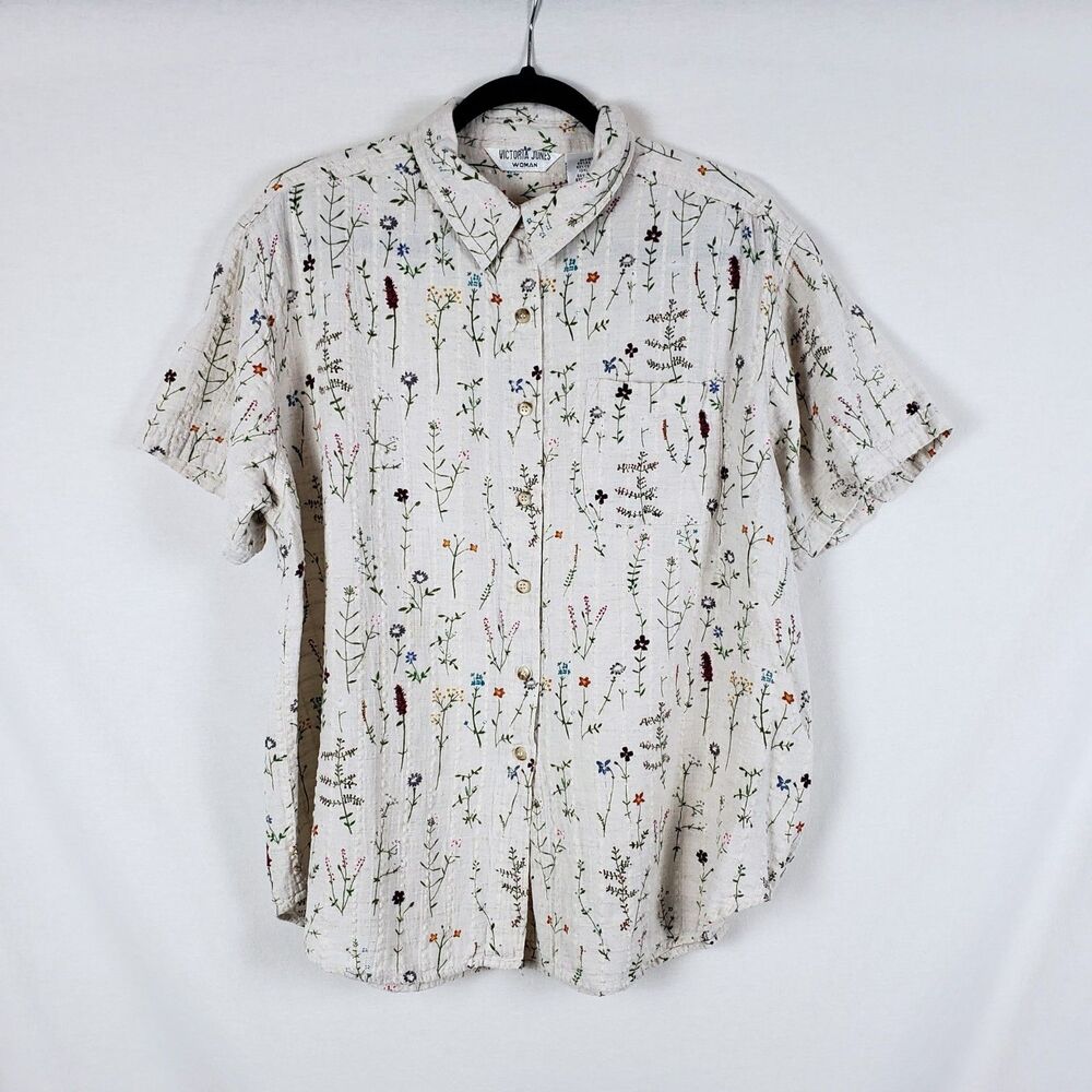 Victoria Jones Wildflower Linen-Blend Garden Shirt Womens 22W Botanical Natural